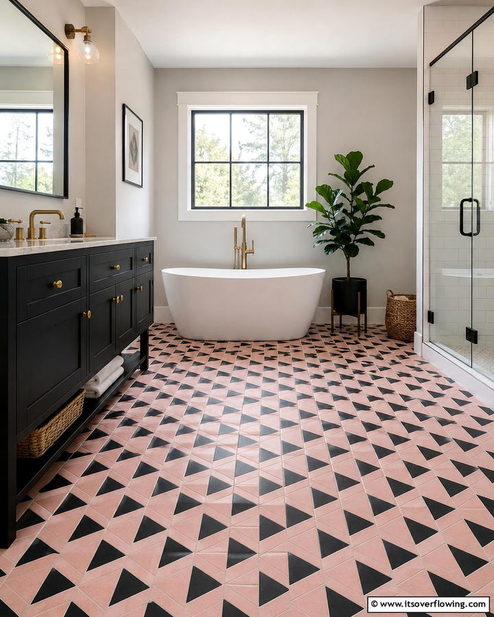 Use Pink and Black Geometric Floor Tiles - 25 Pink and Black Bathroom Ideas for a Bold and Chic Look