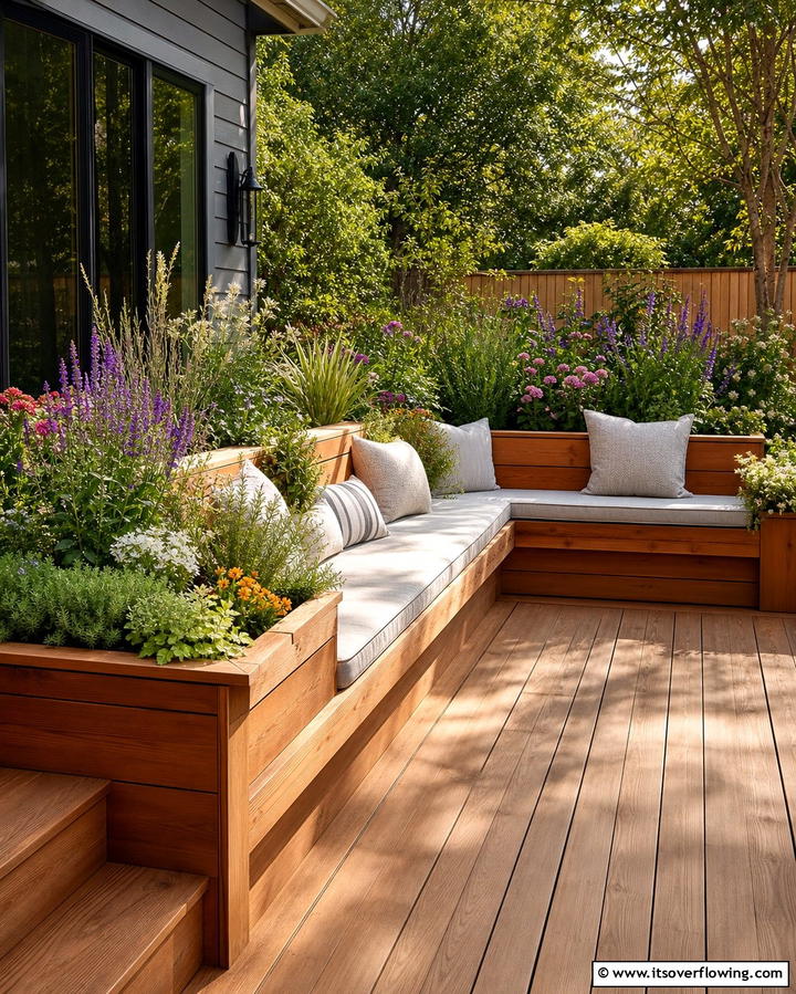 Use Planters with Built in Seating - 25 Deck Decorating Ideas With Plants for a Lush Outdoor Space
