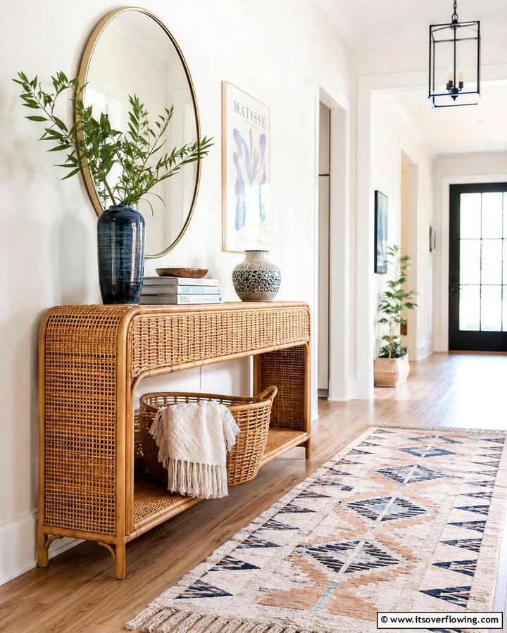Use Rattan Furniture - 30 Bohemian Hallway Decor Ideas for a Welcoming Entryway