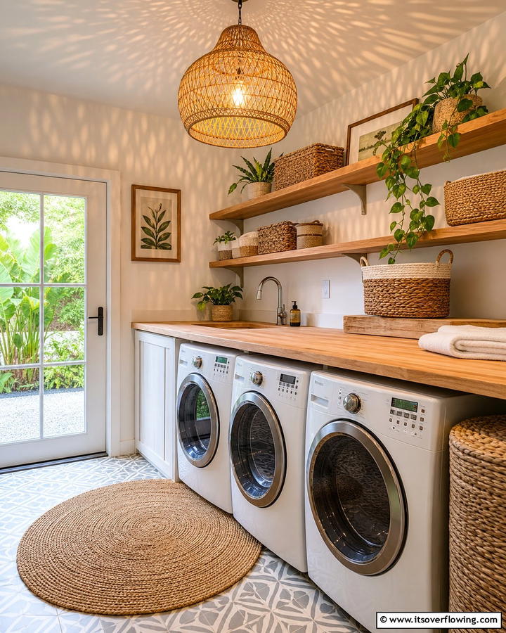 Use Rattan Light Fixtures to Set the Mood - 25 Boho Laundry Room Ideas for a Stylish and Functional Space