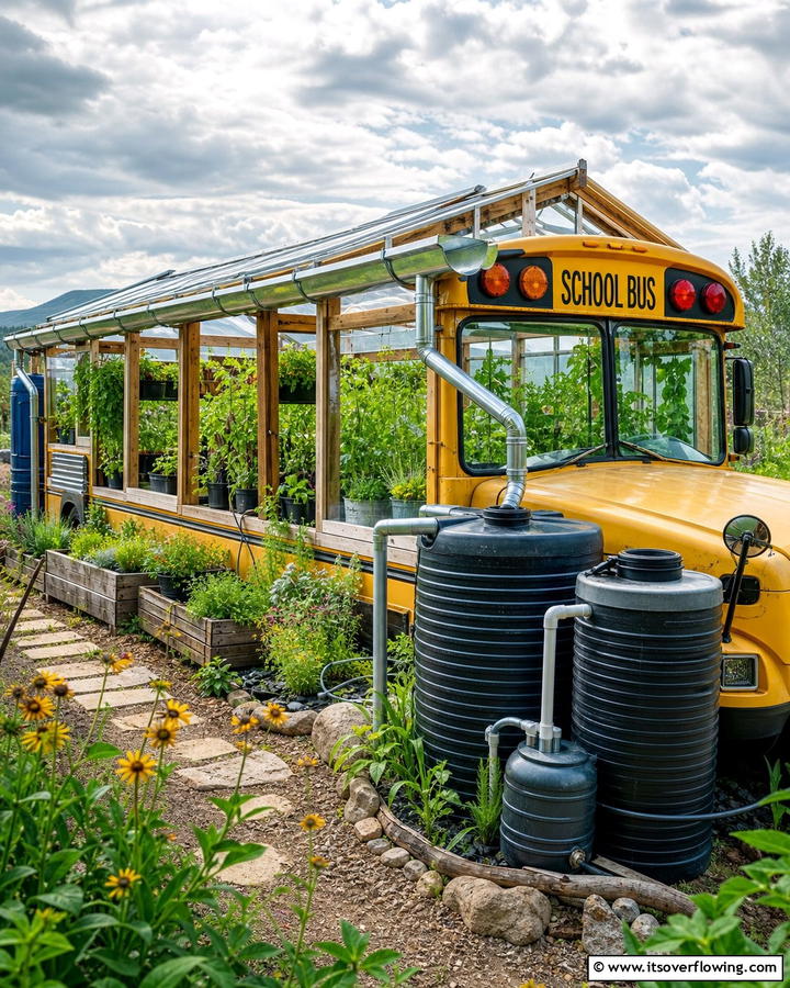 Use Recycled Rainwater for Sustainability - 20 School Bus Greenhouse Ideas for Sustainable Living