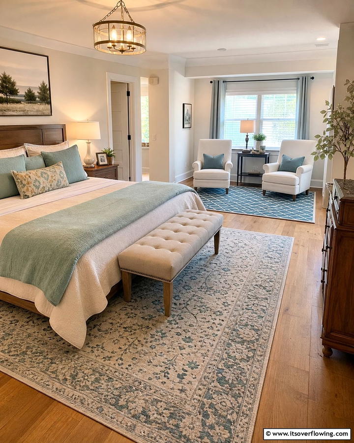 Use Rugs to Define Separate Zones - 20 L-shaped Bedroom Layout Ideas for Optimal Space Use