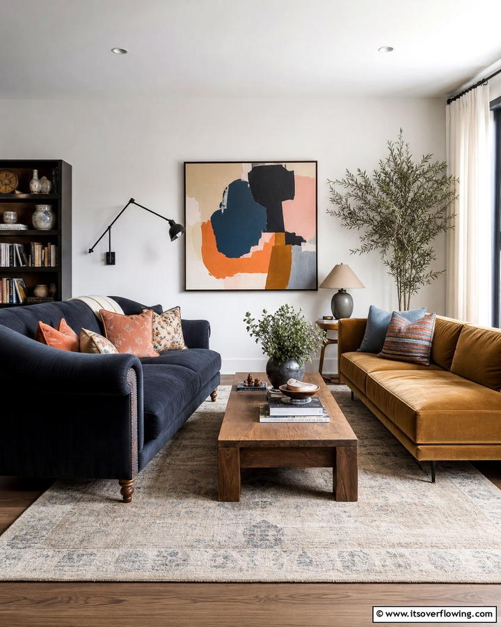 Use Sofas with Contrasting Arm Styles - 20 Mismatched Sofas in Living Room Ideas for Eclectic Style