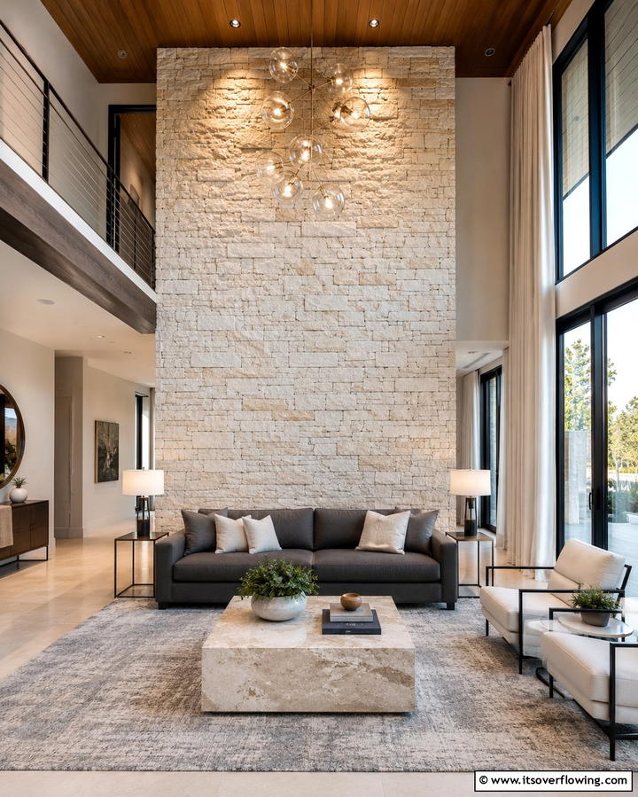 Use Stone Accents - 25 Organic Modern Living Room Design Ideas