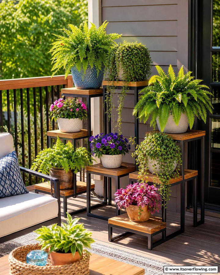 Use Tiered Plant Stands - 25 Deck Decorating Ideas With Plants for a Lush Outdoor Space