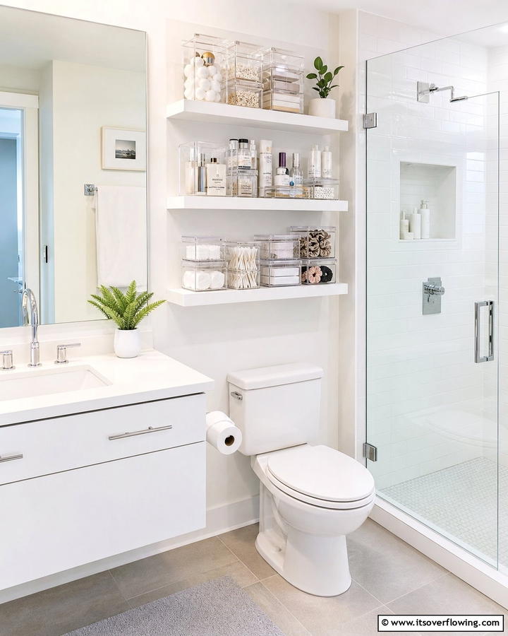 Use Transparent Storage Containers - 25 Apartment Bathroom Ideas to Maximize Small Spaces