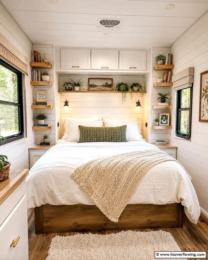 Use Vertical Shelving for Extra Storage - 25 RV Bedroom Ideas to Maximize Comfort on the Road