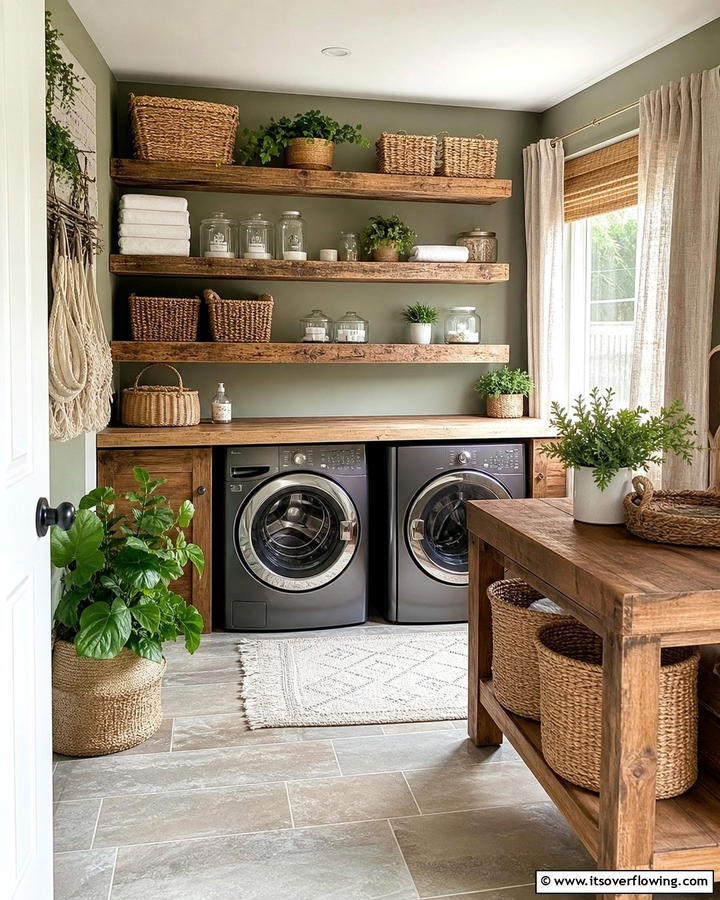 Use Wooden Shelving with a Rustic Finish - 25 Boho Laundry Room Ideas for a Stylish and Functional Space