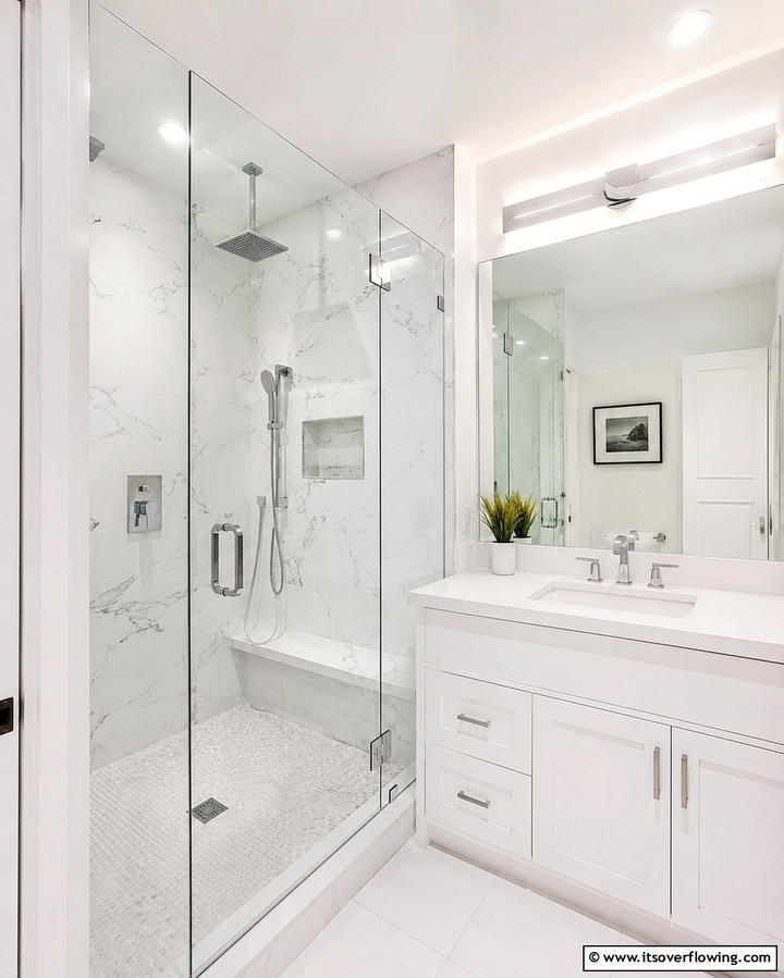 Use a Frameless Glass Shower Enclosure - 30 Small White Bathroom Ideas to Brighten Compact Spaces