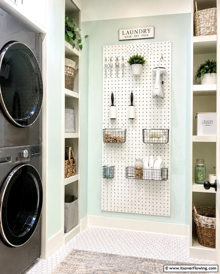 Use a Pegboard for Accessories - 20 Stackable Laundry Room Ideas for Small Spaces