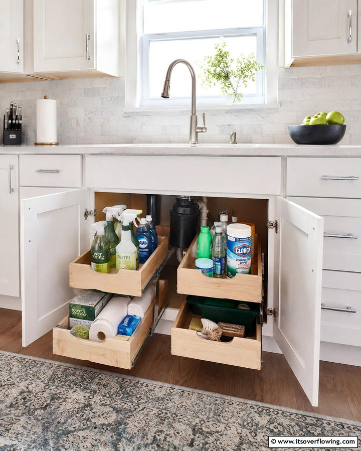 Use a Roll Out Shelf for Deep Cabinets - 20 Kitchen Sink Organization Ideas to Maximize Space