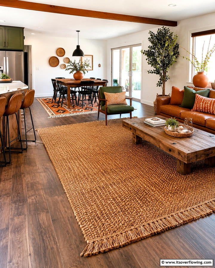 Using Area Rugs for Zoning - 25 Open Kitchen Living Room Ideas for a Spacious Feel