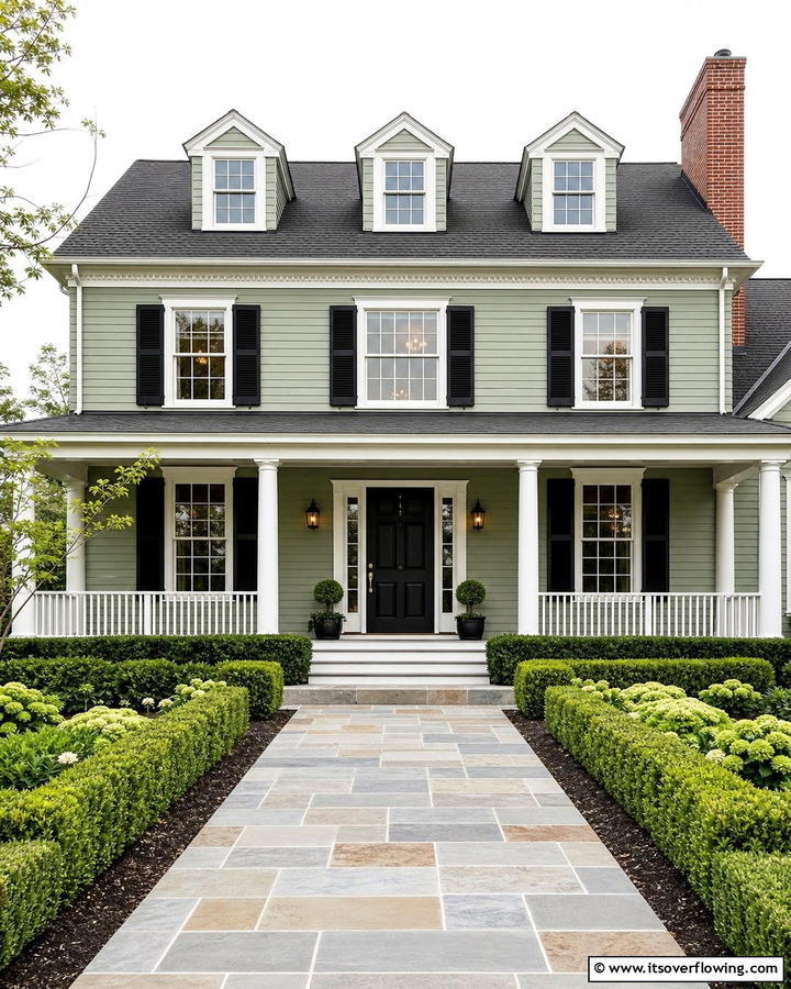 Using Black Shutters for Cohesion - 20 Sage Green House With Black Door Design Ideas