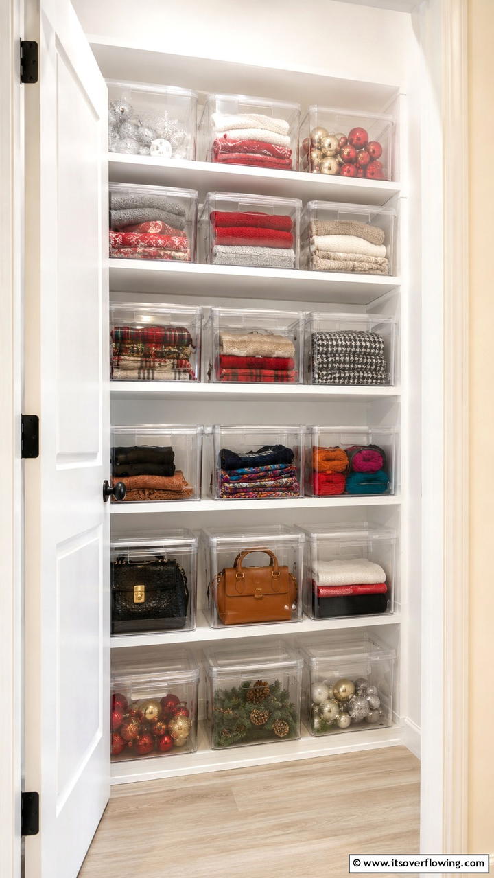 Using Clear Storage Boxes for Visibility - 30 Smart Hall Closet Organization Ideas for Maximized Space