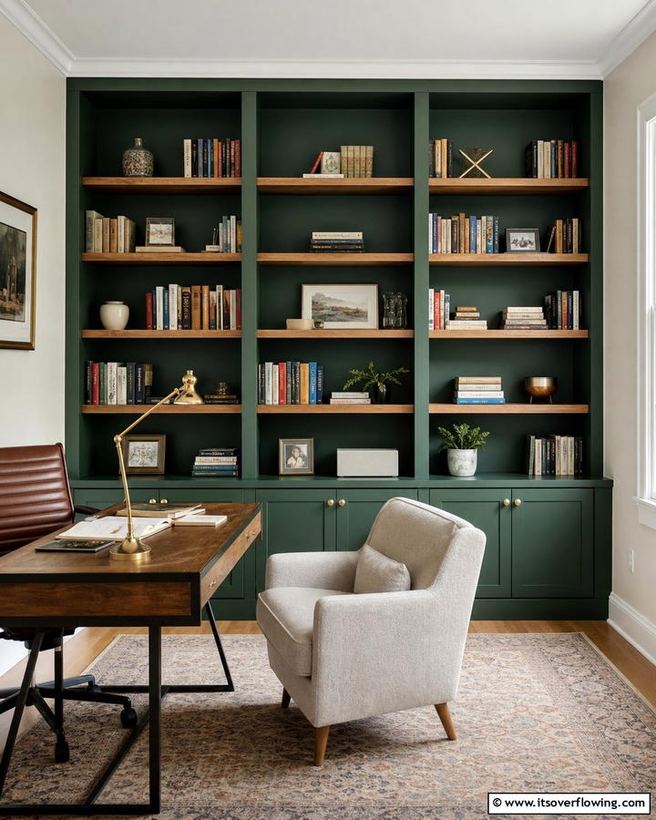 Using Dark Green as a Backdrop for Open Shelving - 20 Dark Green Home Library Ideas and Inspiration