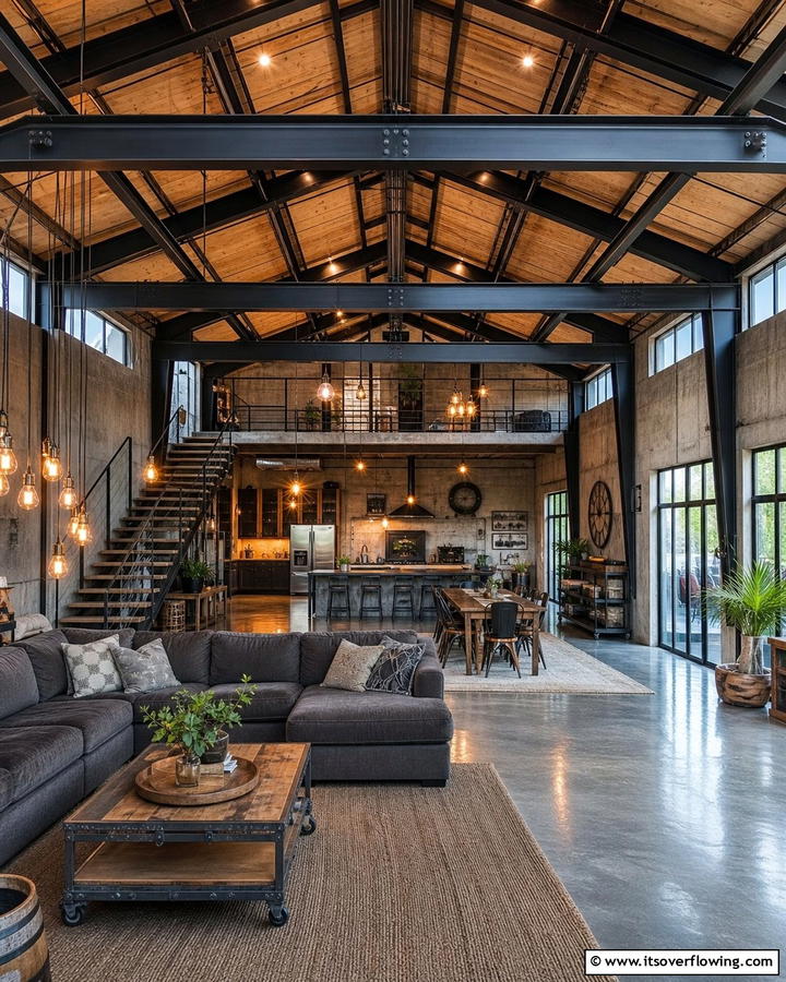 Using Exposed Metal Beams for an Industrial Edge - 20 Open Concept Vaulted Ceiling Living Room Ideas