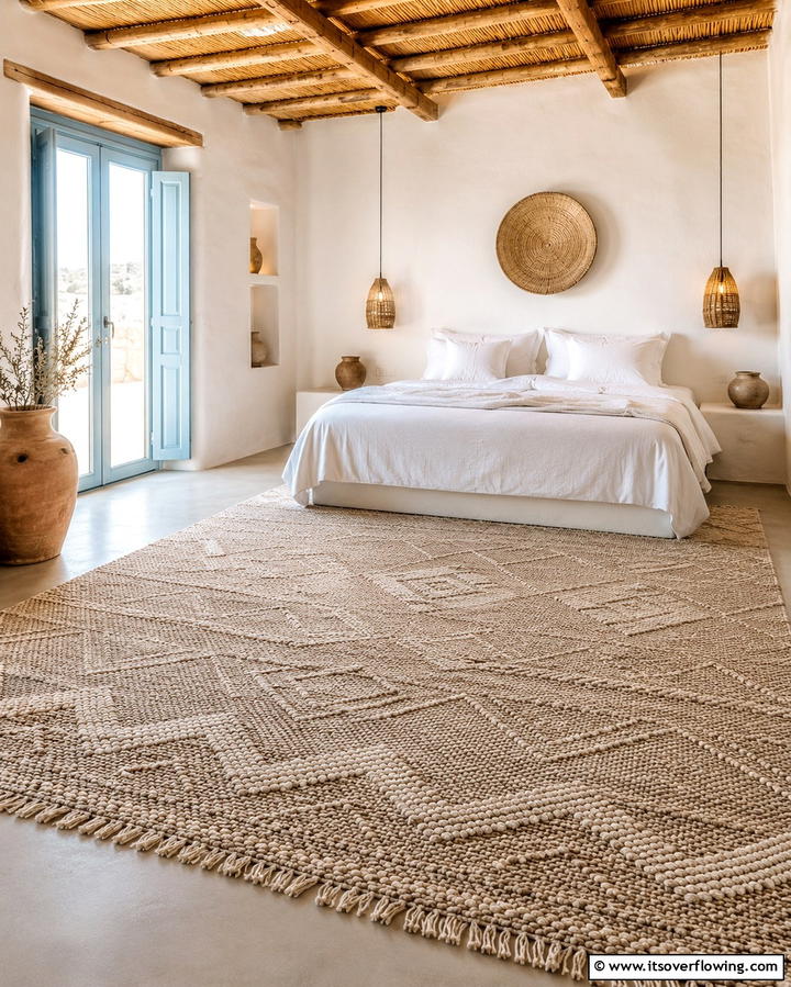 Using Handwoven Rugs - 25 Greek Bedroom Design Ideas for a Mediterranean Feel