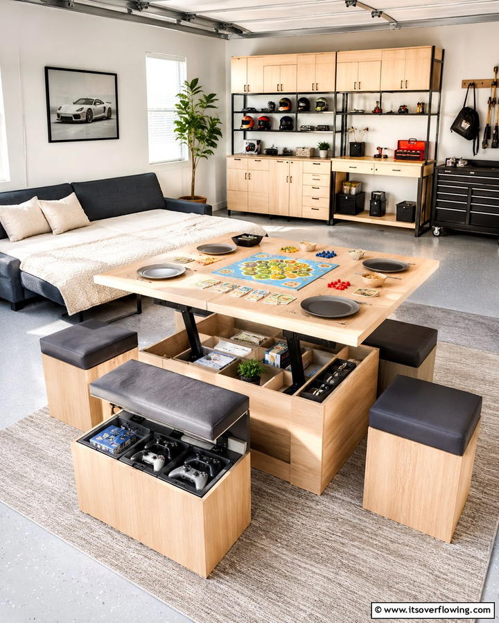 Using Multi Functional Furniture - 30 Garage Game Room Ideas for Ultimate Entertainment Zones