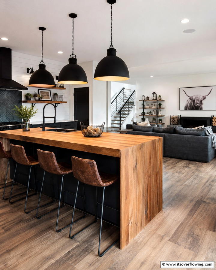 Using Pendant Lights Over the Island - 25 Open Kitchen Living Room Ideas for a Spacious Feel