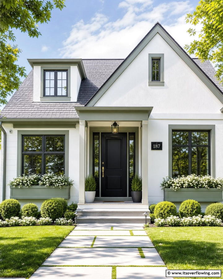Using Sage Green on Trim and Accents - 20 Sage Green House With Black Door Design Ideas