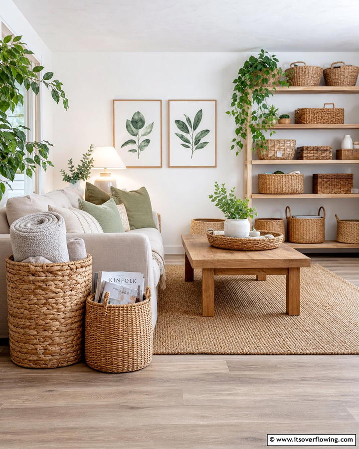 Using Woven Baskets - 20 Natural Living Room Ideas for a Calm Retreat