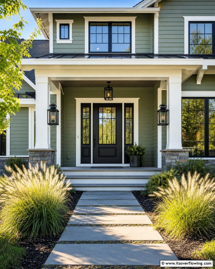 Using a Black Door with Glass Panels - 20 Sage Green House With Black Door Design Ideas