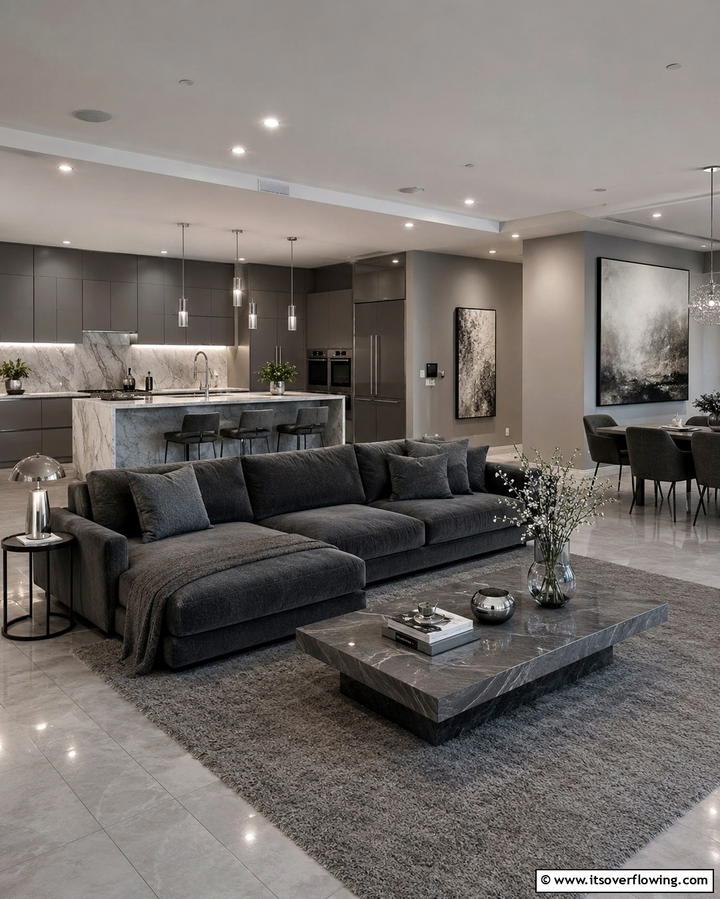Using a Monochromatic Theme - 25 Open Kitchen Living Room Ideas for a Spacious Feel