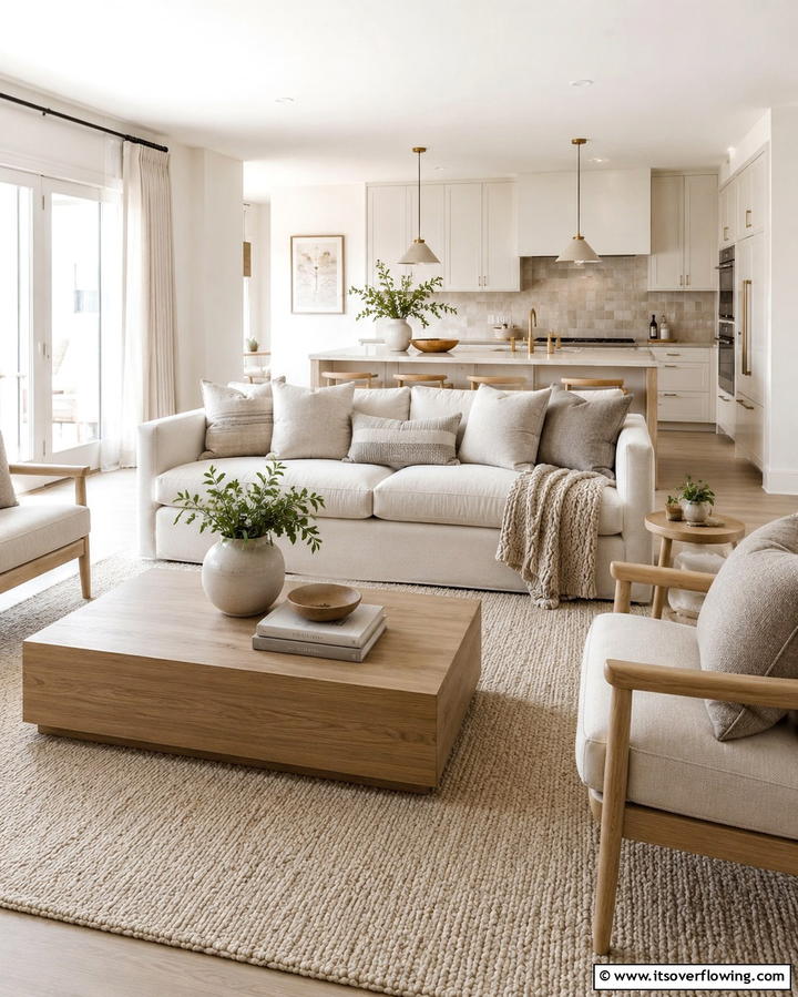 Using a Neutral Color Palette - 25 Open Kitchen Living Room Ideas for a Spacious Feel