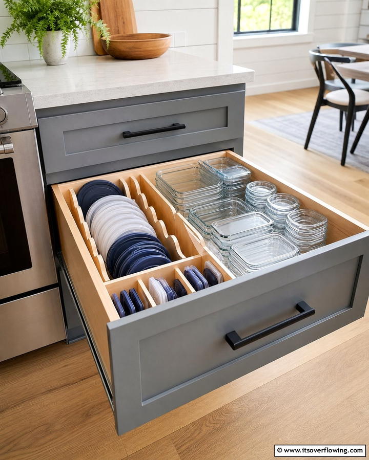 Utilize Drawer Dividers for Lids - 25 Tupperware Organization Ideas for a Tidy Kitchen