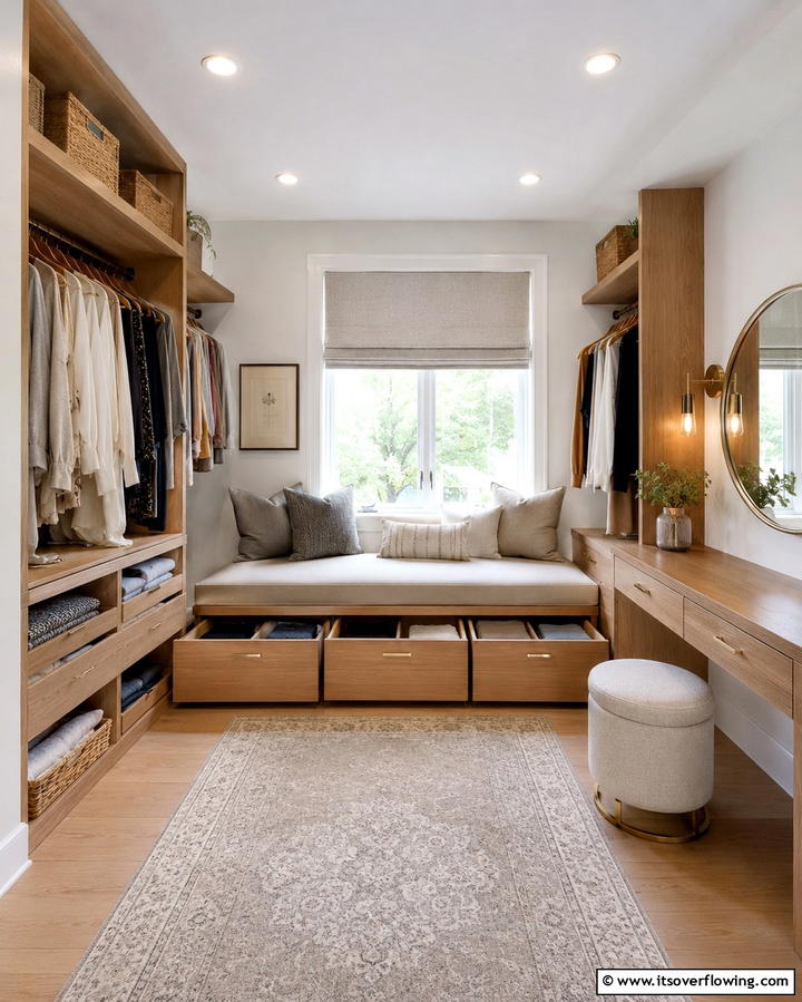 Utilize Under Bench Storage for Hidden Organization - 25 Small Dressing Room Ideas to Organize Your Wardrobe