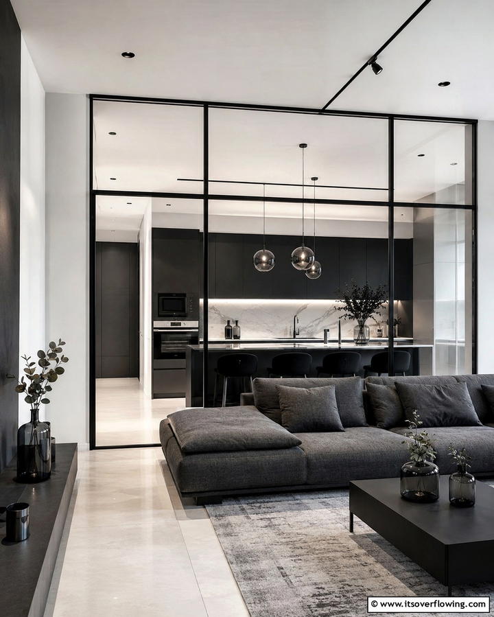 Utilizing Glass Partitions - 25 Open Kitchen Living Room Ideas for a Spacious Feel