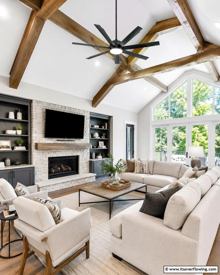 Vaulted Ceiling with Bold Wallpaper - 25 Stunning Living Room Vaulted Ceiling Design Ideas