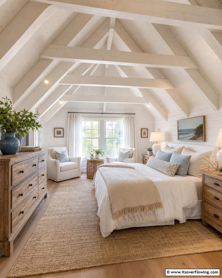 Vaulted Ceilings with Exposed Beams - 20 Charming Cape Cod Upstairs Bedroom Ideas