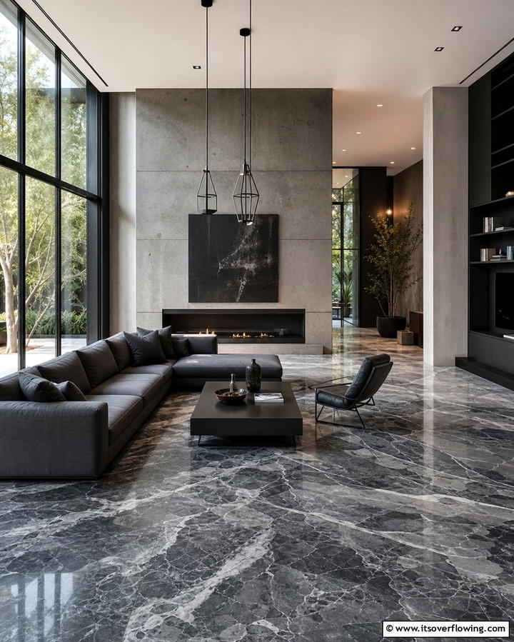 Veined Gray Marble for Modern Appeal - 25 Marble Floor Living Room Ideas for a Luxurious Space