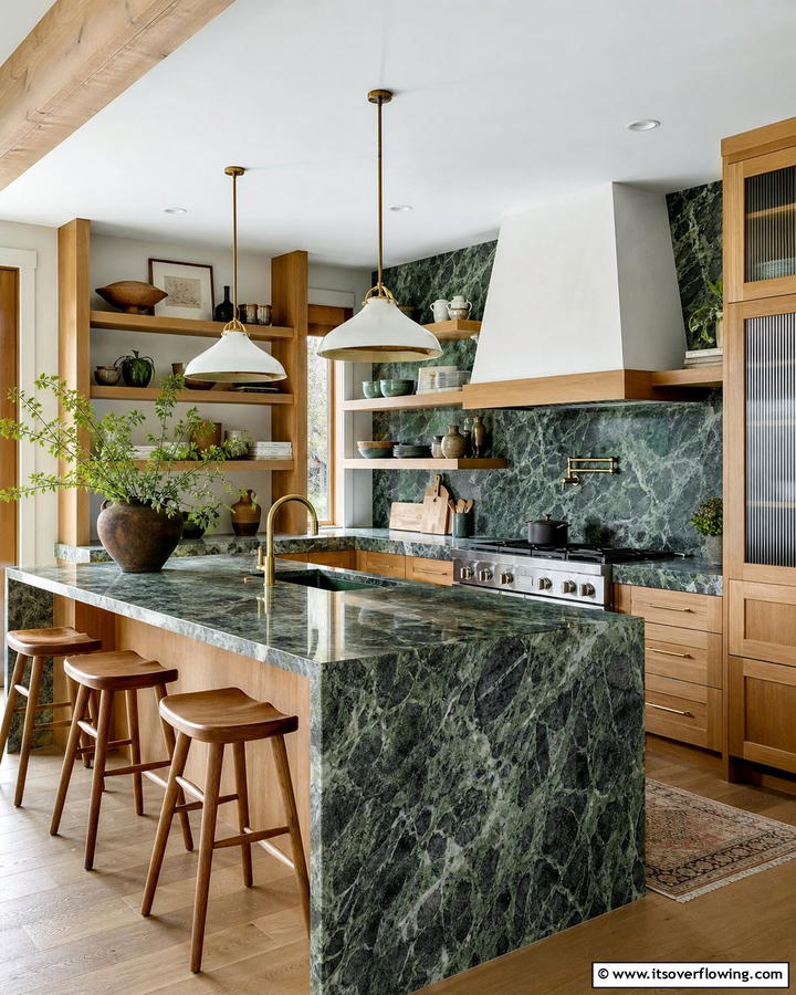 Veined Green Marble with Natural Wood Accents - 20 Green Marble Countertop Design Ideas for Kitchens