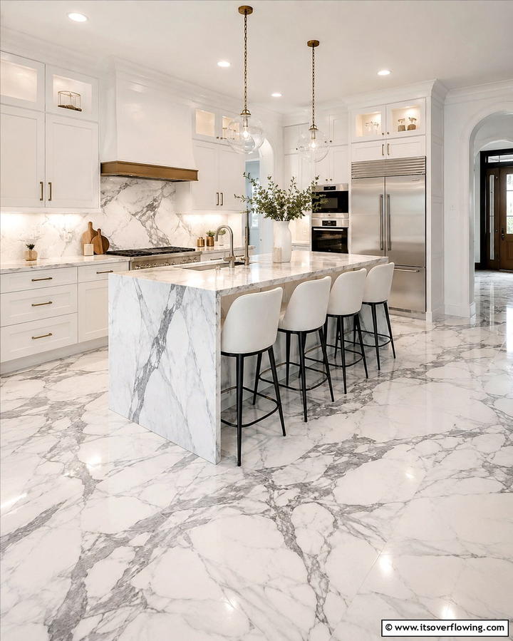 Veined Marble Patterns - 25 Marble Kitchen Floor Ideas for Timeless Elegance