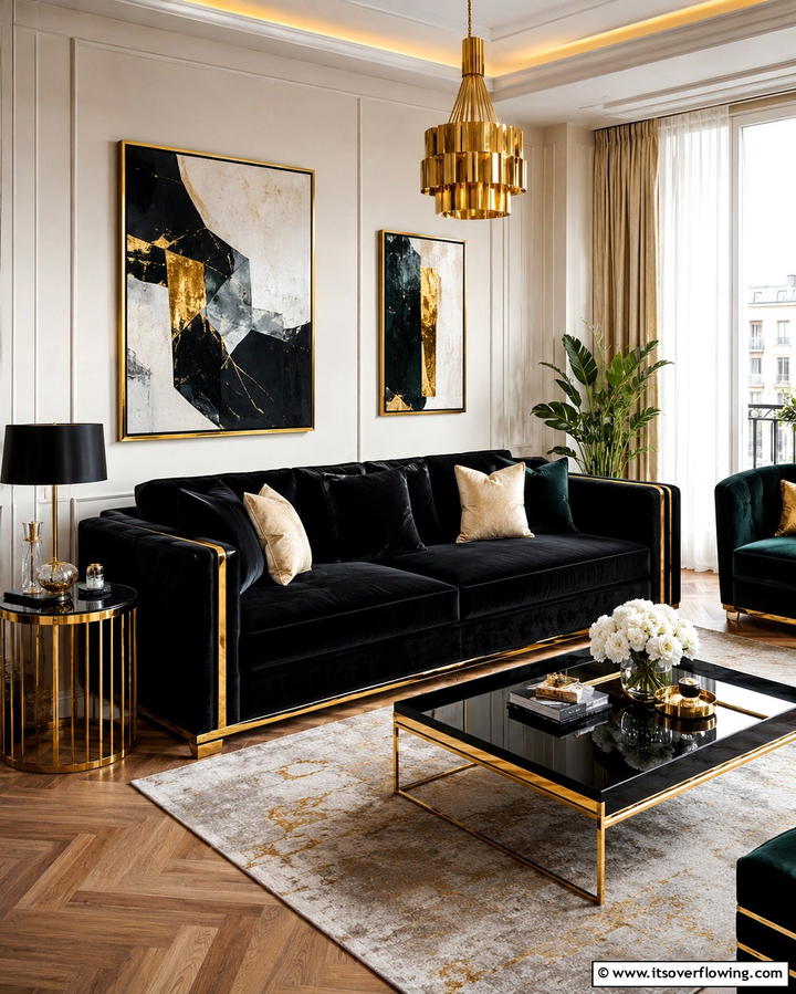 Velvet Black Sofas with Gold Trim - 25 Black and Gold Living Room Ideas for a Luxurious Feel