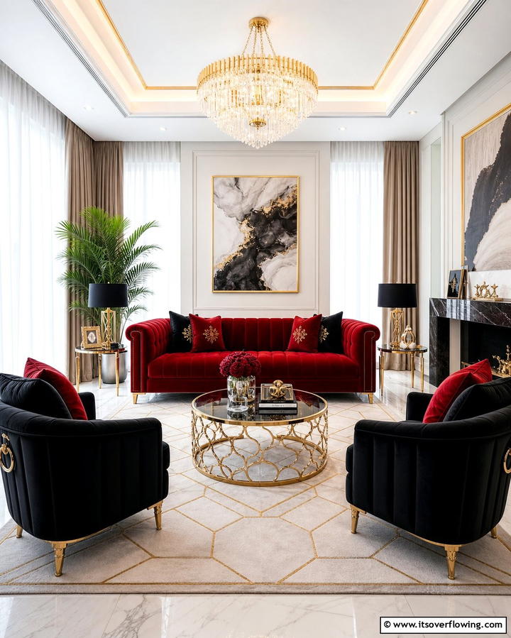 Velvet Black and Red Furniture - 25 Black and Red Living Room Ideas for a Dramatic Look
