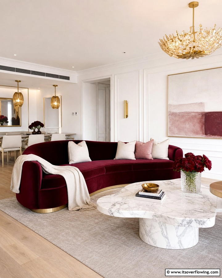 Velvet Burgundy Sofa - 25 Burgundy Living Room Ideas for a Rich and Cozy Look