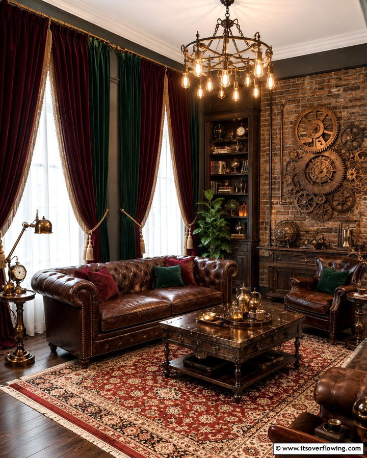 Velvet Curtains and Drapes - 20 Steampunk Living Room Ideas for Unique Decor