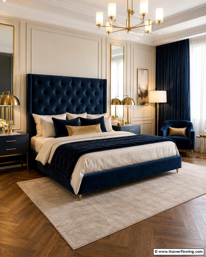 Velvet Dark Blue Upholstery - 25 Dark Blue Bedroom Ideas for Cozy Nights