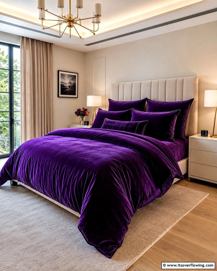 Velvet Dark Purple Bedding for a Luxurious Touch - 30 Dark Purple Bedroom Ideas for Dramatic Luxury Spaces