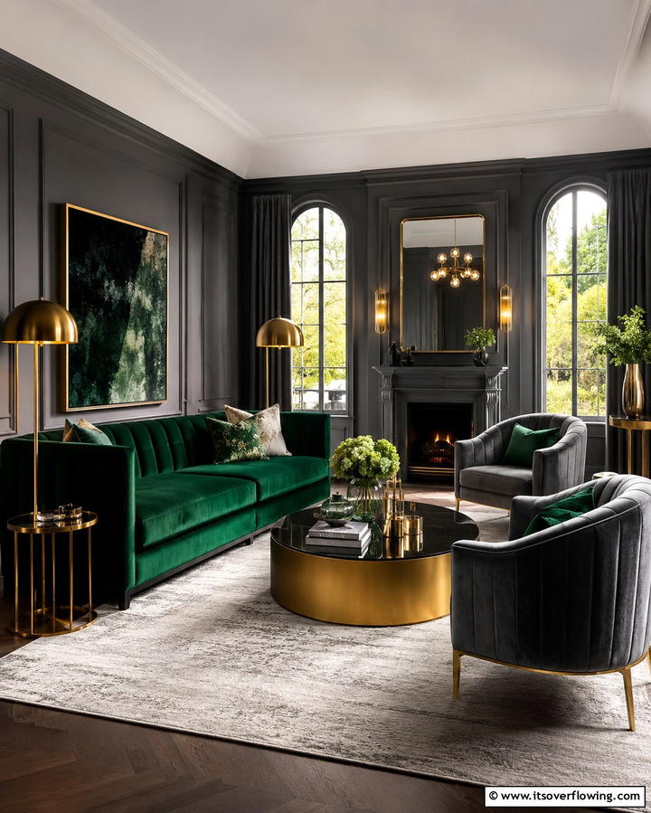 Velvet Elegance in Green and Grey - 25 Green and Grey Living Room Ideas for Modern Homes