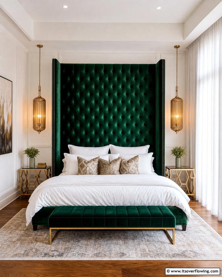 Velvet Emerald Green Headboard - 25 Emerald Green Bedroom Ideas for a Luxurious Feel