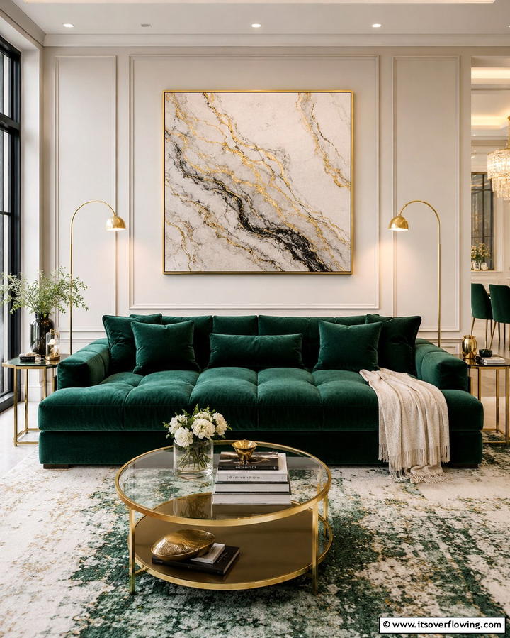 Velvet Emerald Green Sofa as a Statement Piece - 25 Emerald Green and Gold Living Room Ideas for Luxury