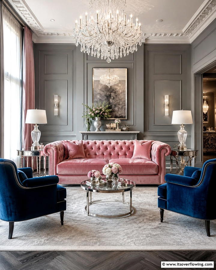Velvet Furnishings for a Luxe Feel - 25 Pink and Blue Living Room Ideas for a Vibrant Space