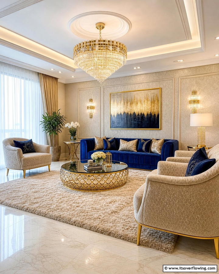 Velvet Luxe in Blue and Beige - 20 Blue and Beige Living Room Ideas- Serene Spaces