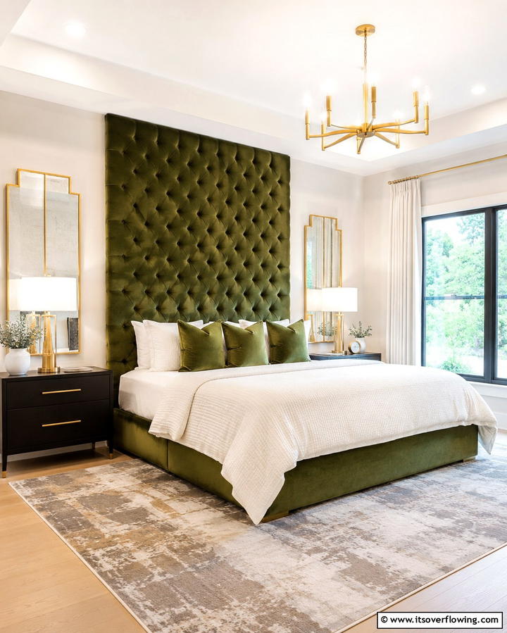 Velvet Olive Green Headboard - 30 Olive Green Bedroom Ideas for Soothing Retreats