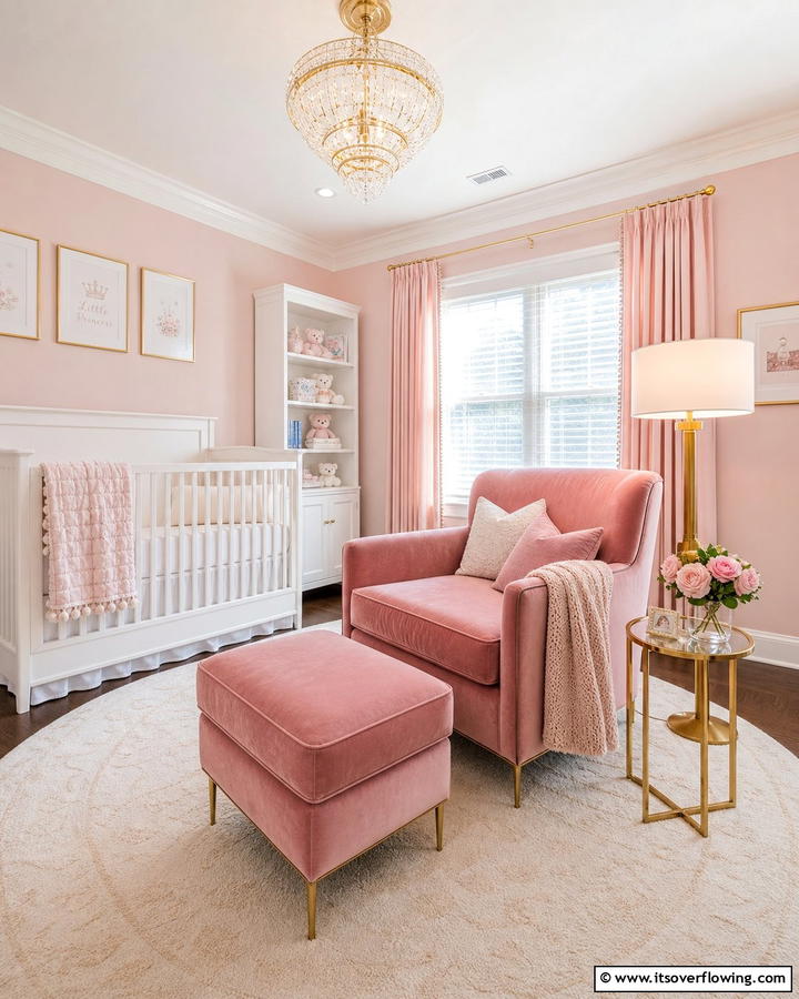 Velvet Pink Armchair - 20 Adorable Pink Nursery Ideas for Your Baby’s Room