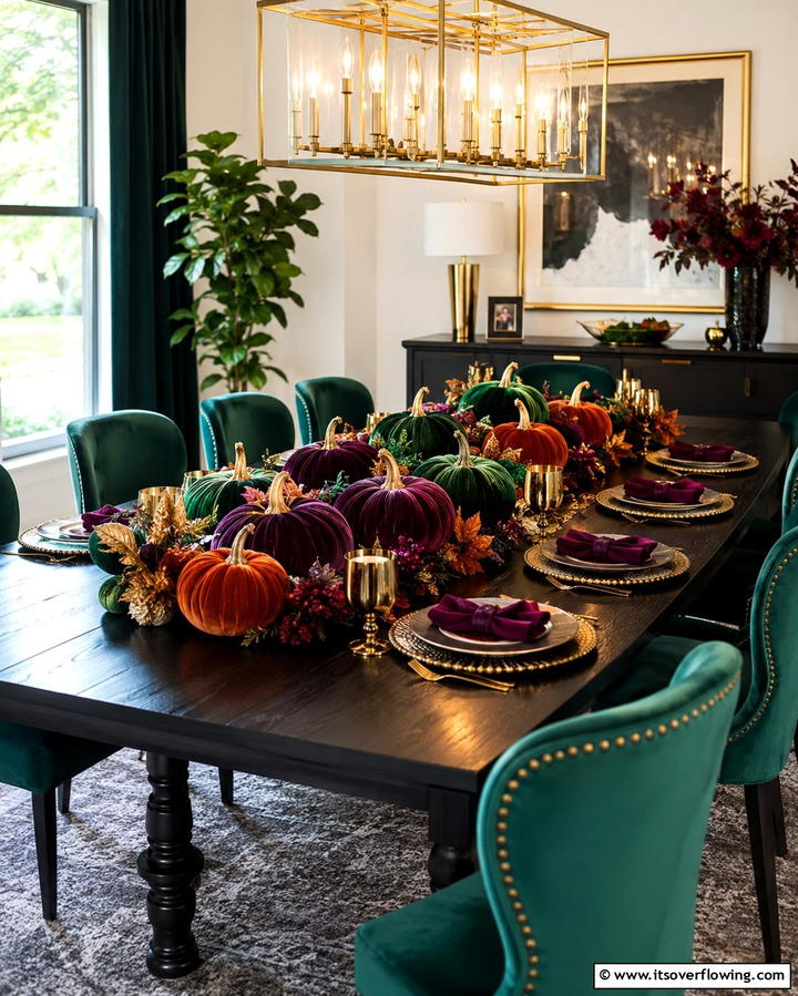 Velvet Pumpkin Accents - 25 Fall Table Decor Ideas for a Seasonal and Festive Dining Experience